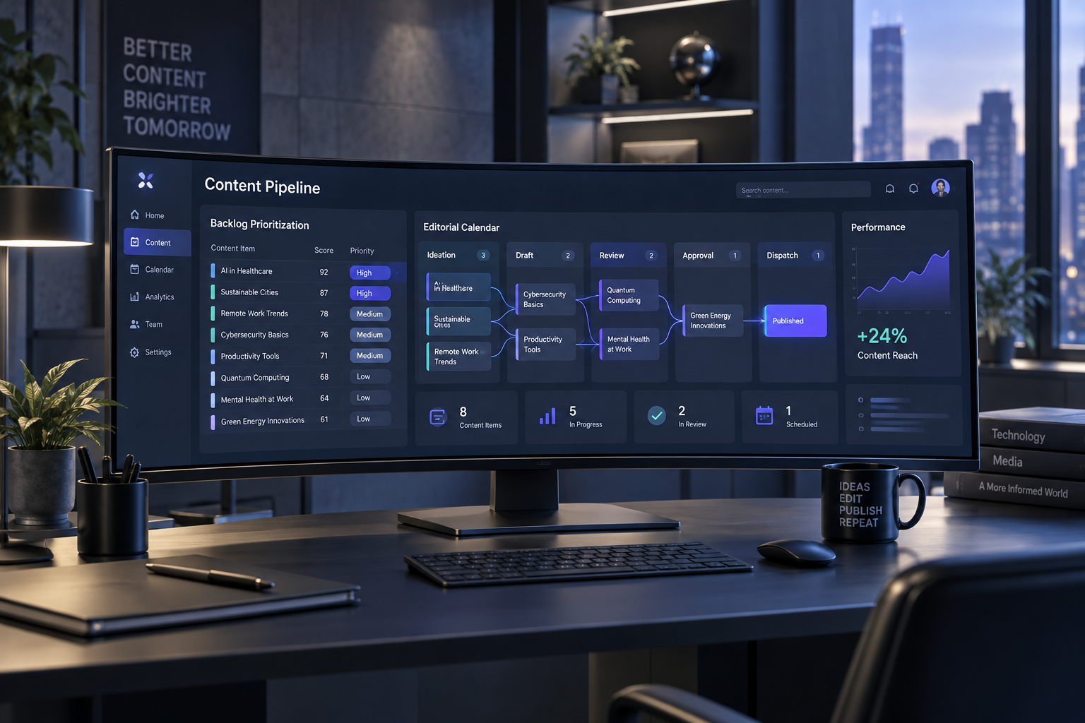 Digital editorial calendar and content pipeline interface glowing on an ultrawide monitor in a modern workspace.