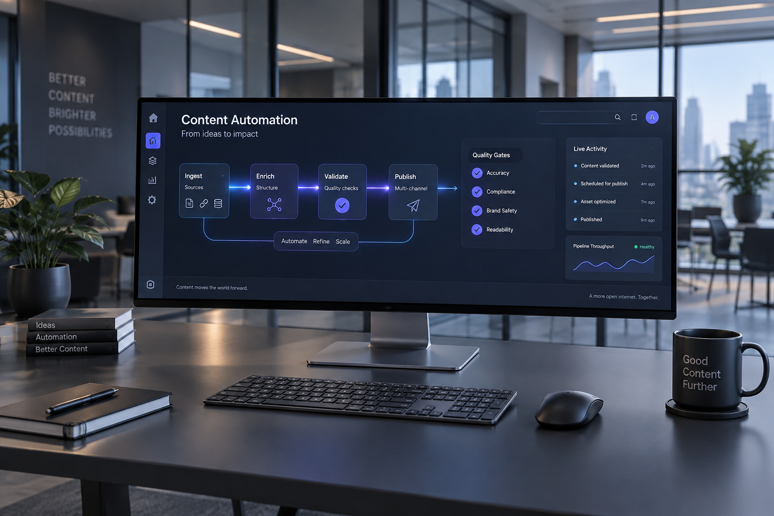 A modern minimalist workstation featuring an ultrawide monitor displaying an automated content pipeline and quality validation interface.