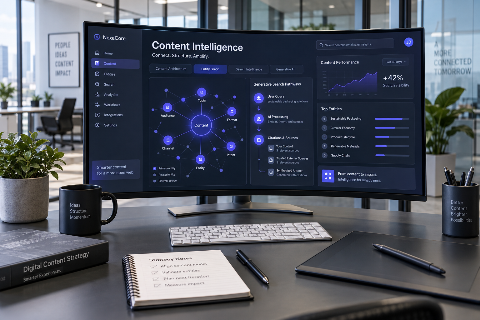 A modern enterprise workstation featuring a high-resolution display analyzing generative search entity graphs and citation networks in indigo and slate tones.