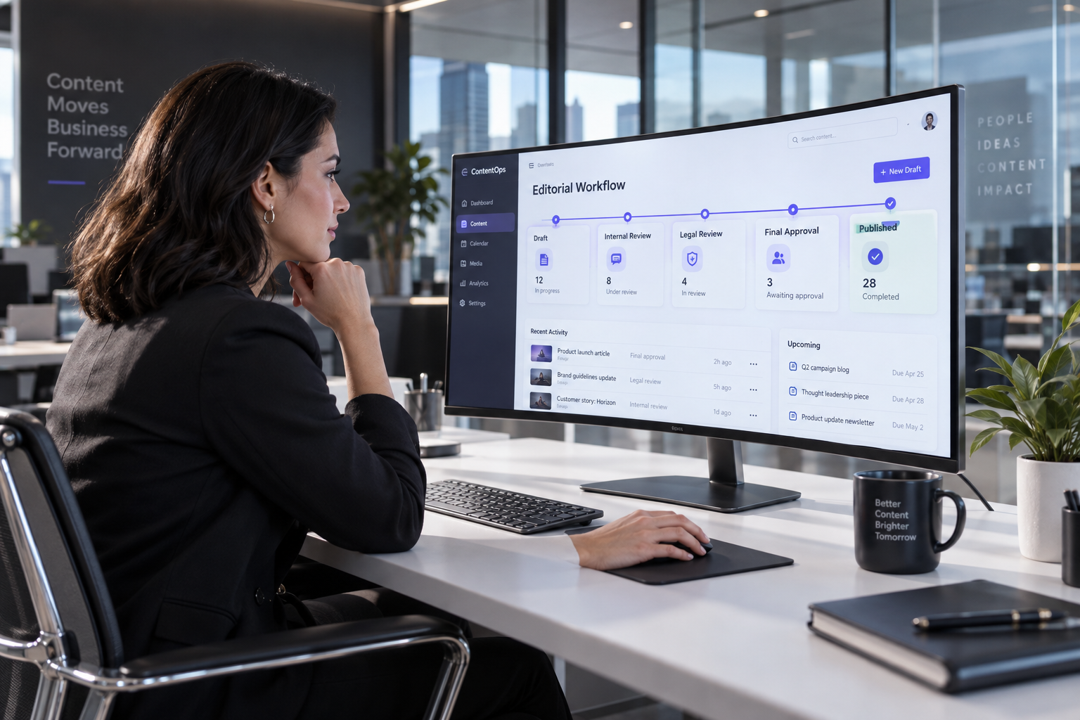 A marketing operations professional reviewing a streamlined editorial approval pipeline on an ultrawide monitor in a modern enterprise office.