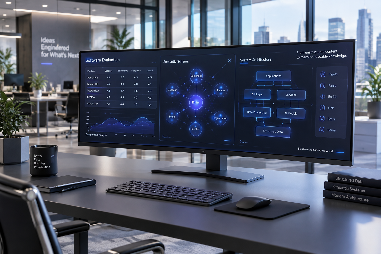 A modern dual-monitor tech workspace displaying structured software comparison matrices and semantic data architectures in crisp indigo and charcoal tones.