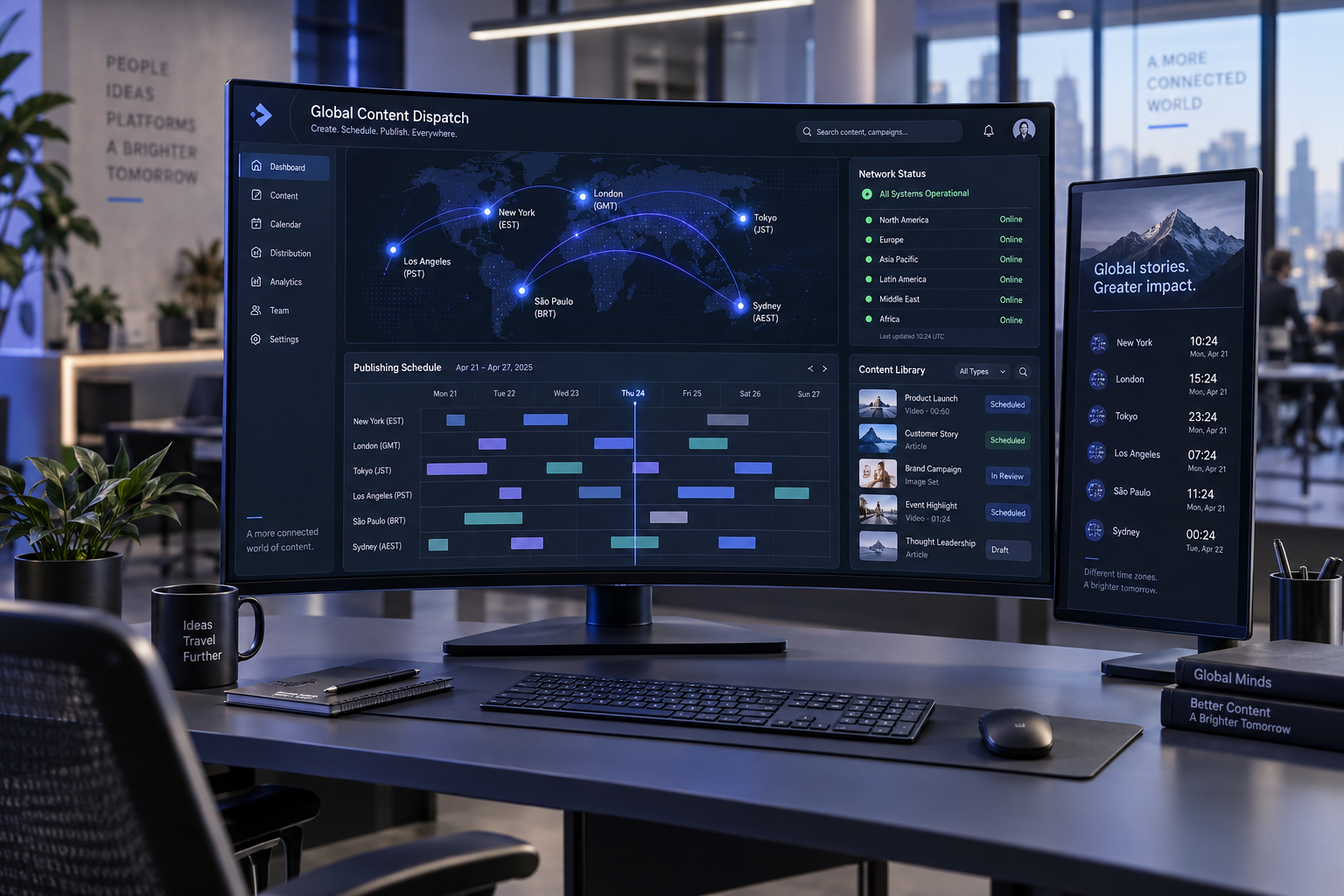 A modern workstation displaying a global content dispatch calendar and multi-region automated publishing pipeline across time zones.