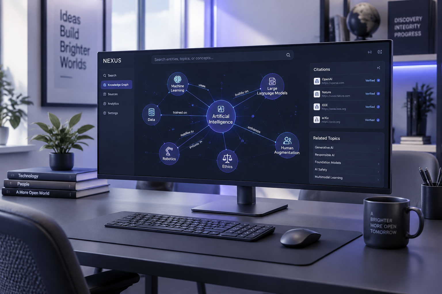 A sleek modern workstation displaying a structured knowledge graph and verification nodes on an ultrawide monitor with indigo ambient lighting.