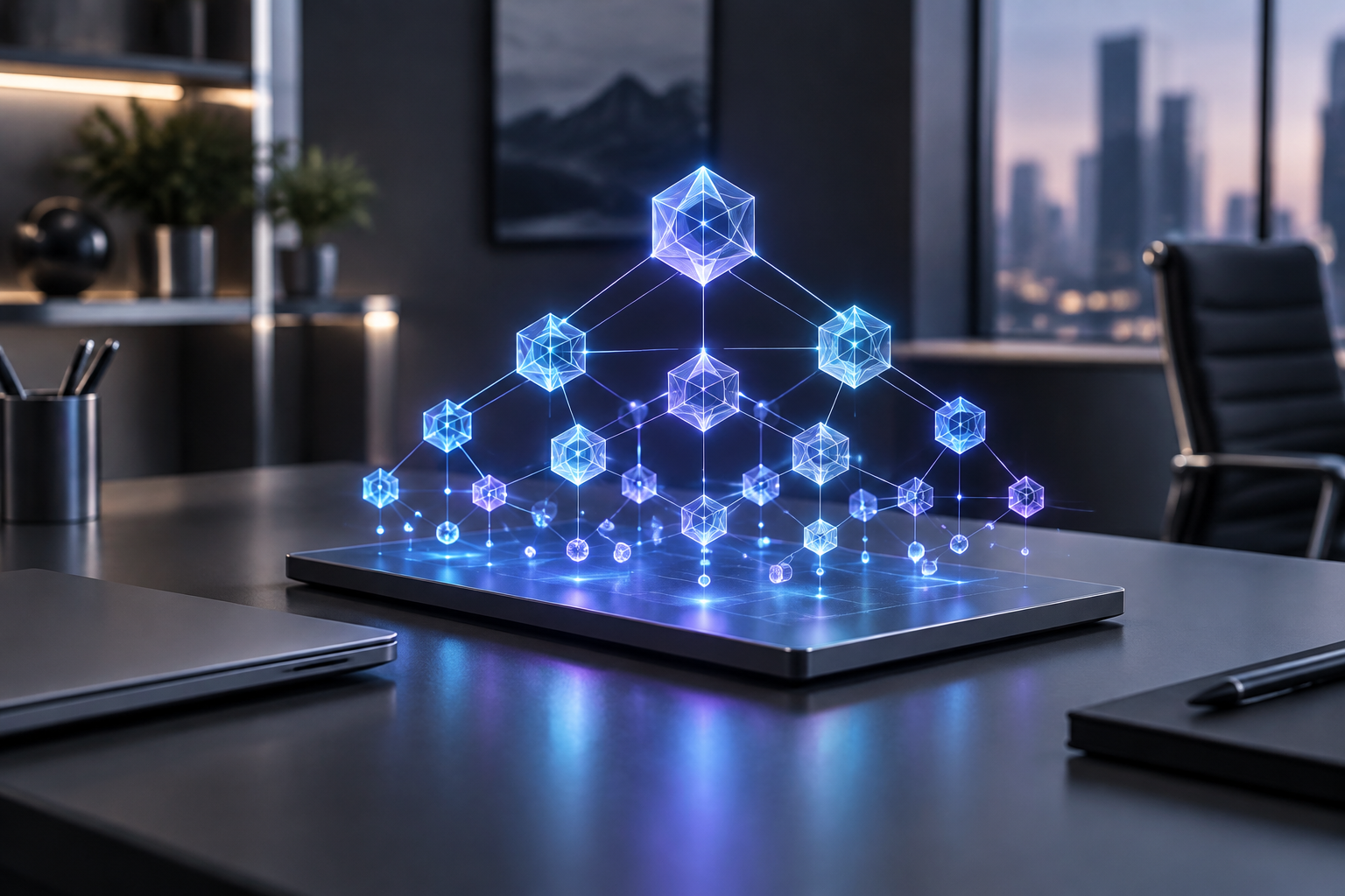 Glowing 3D indigo knowledge graph and interconnected data nodes hovering above a sleek modern workspace.