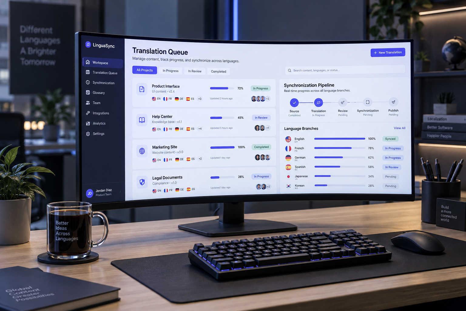 A modern tech workstation displaying a multilingual content queue pipeline on a curved monitor with indigo blue accents.