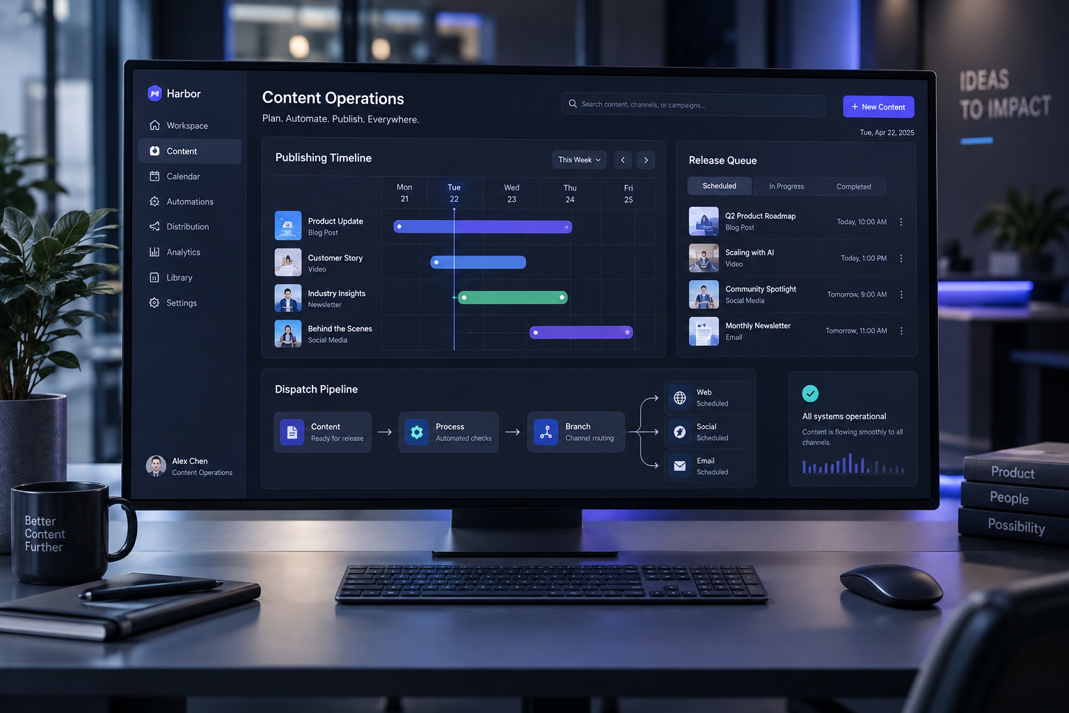 A modern enterprise workstation featuring a wide monitor displaying a scheduled content syndication queue and distribution timeline with indigo blue lighting accents.