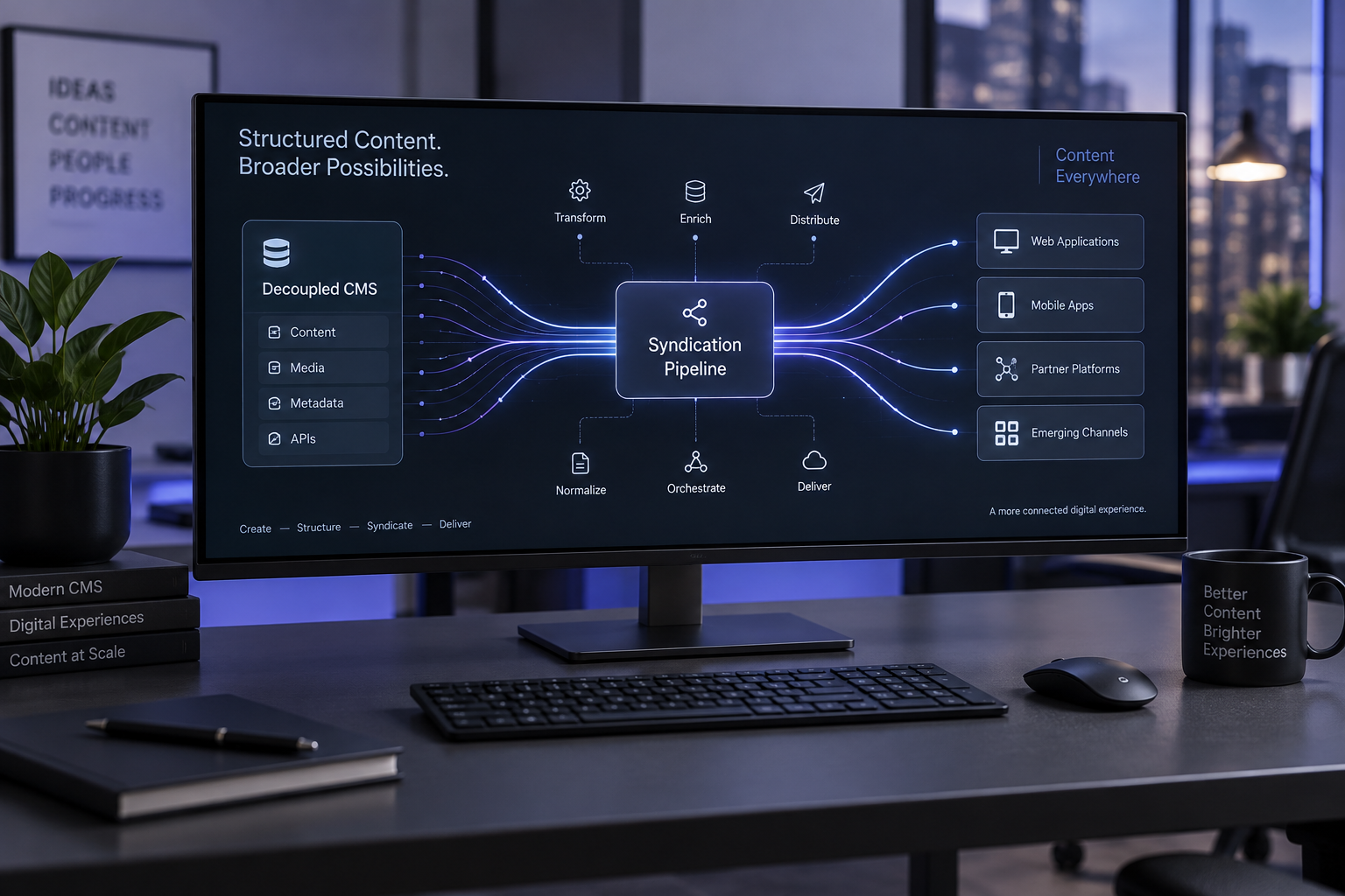 Developer workstation showing structured RSS and Atom syndication pipeline diagrams with indigo blue lighting.