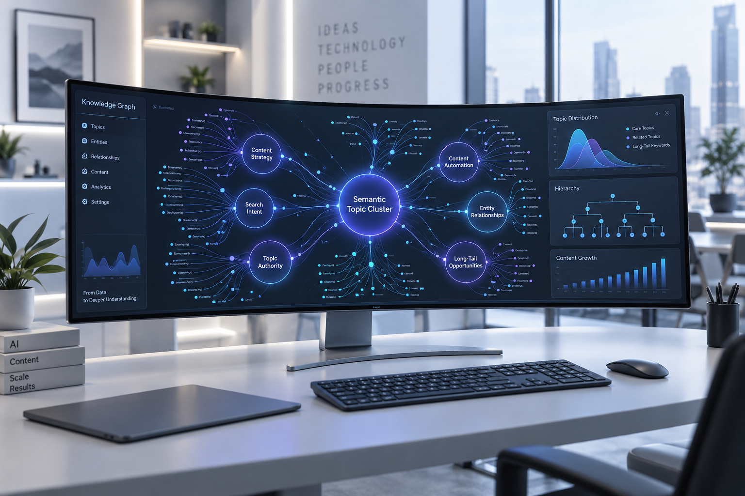 A sleek tech workstation with an ultra-wide monitor displaying an indigo blue semantic topic network and long-tail data clusters.
