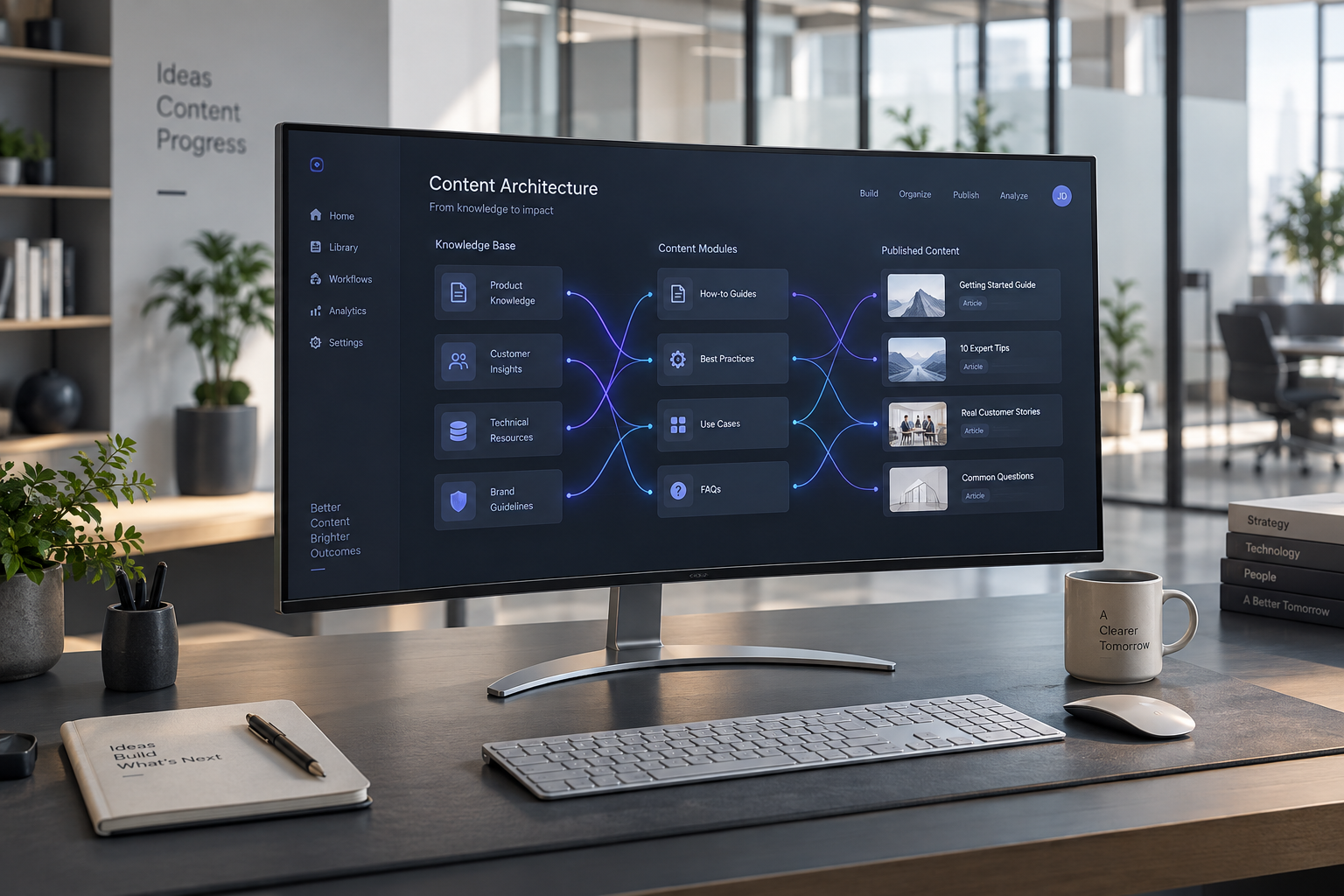A modern high-tech desk setup showing an organized digital knowledge base workflow interface on a curved monitor with indigo blue accents.