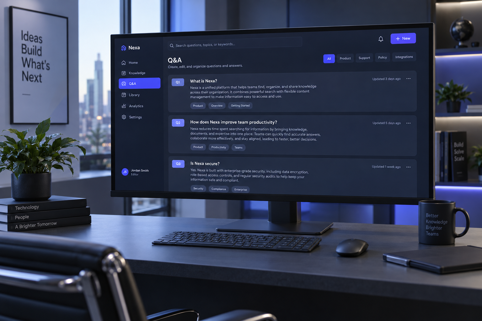 Modern workstation monitor displaying structured question and answer modules formatted for search engine retrieval.