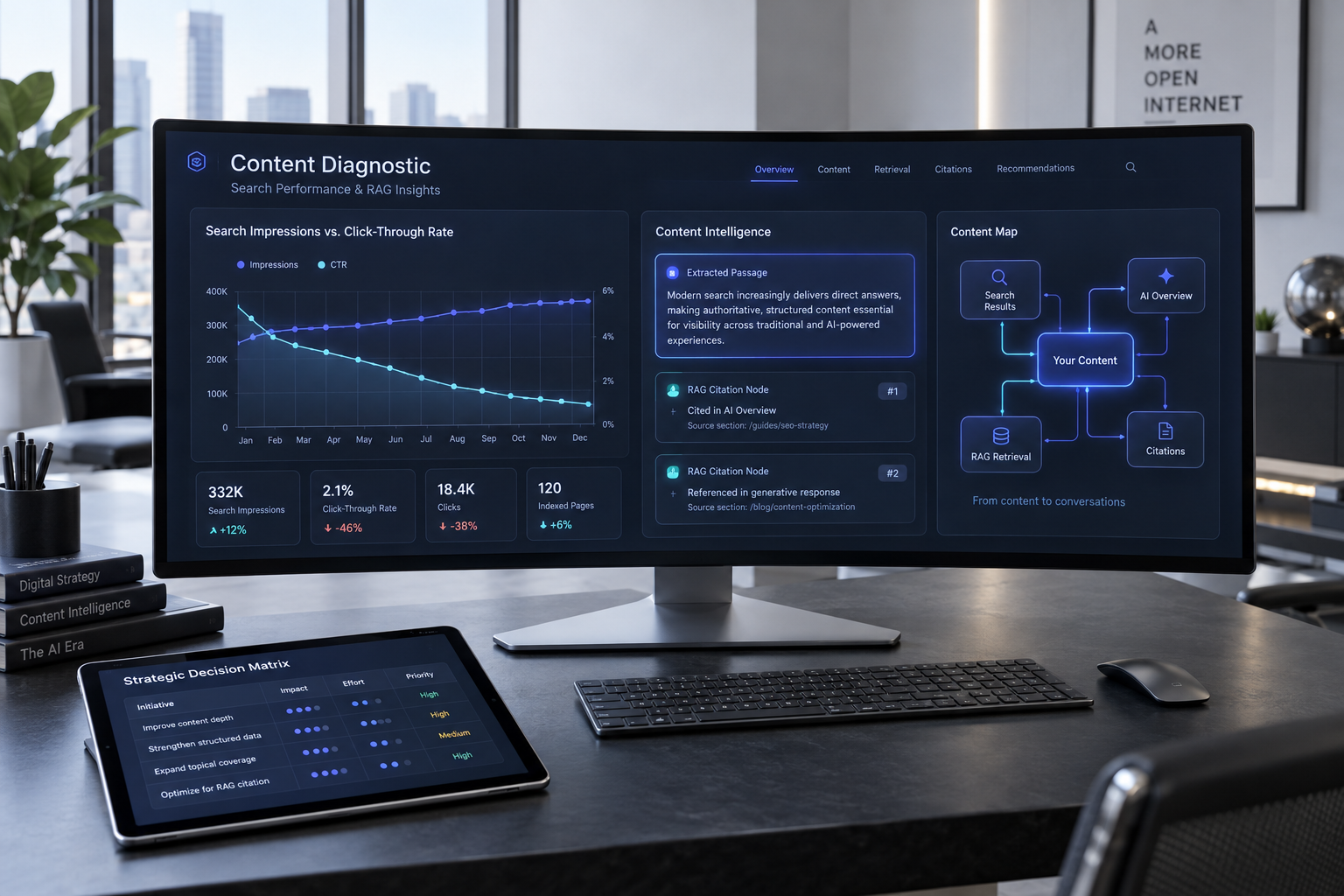 A modern curved monitor in a sleek workspace displaying diagnostic analytics of search traffic and modular AI content extraction nodes.