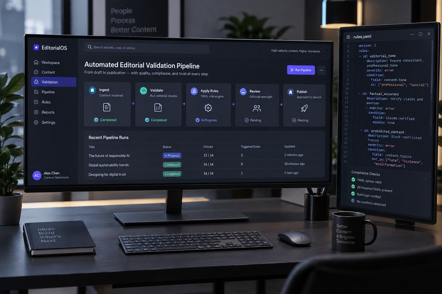 Multi-monitor editorial workstation showing automated compliance gates and structured style validation rules on a modern software interface.