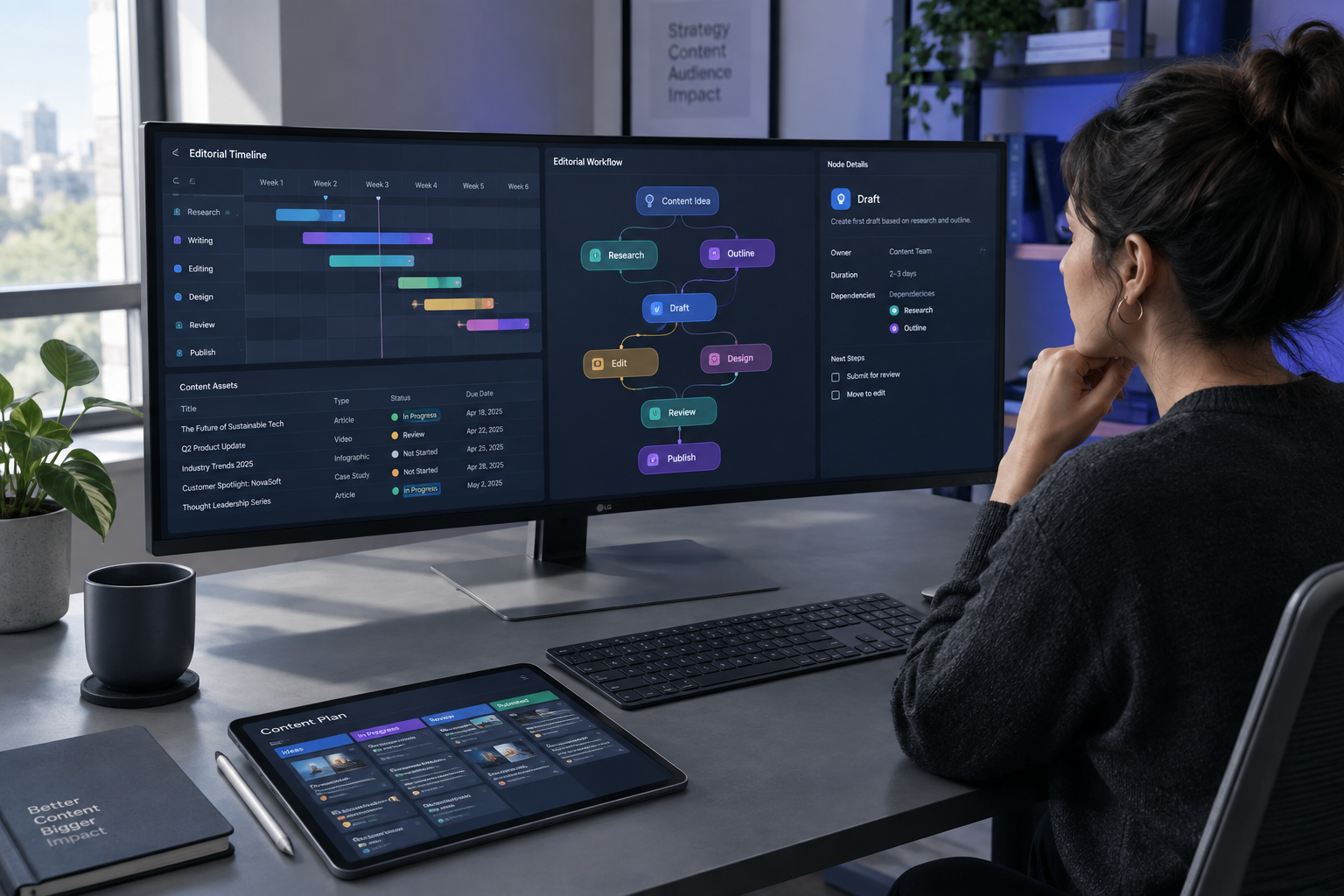 Modern tech workspace with an ultrawide monitor displaying localization editorial workflows