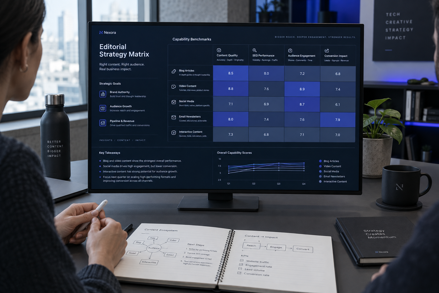 Strategist analyzing structured comparison matrices on a high-resolution workspace monitor.