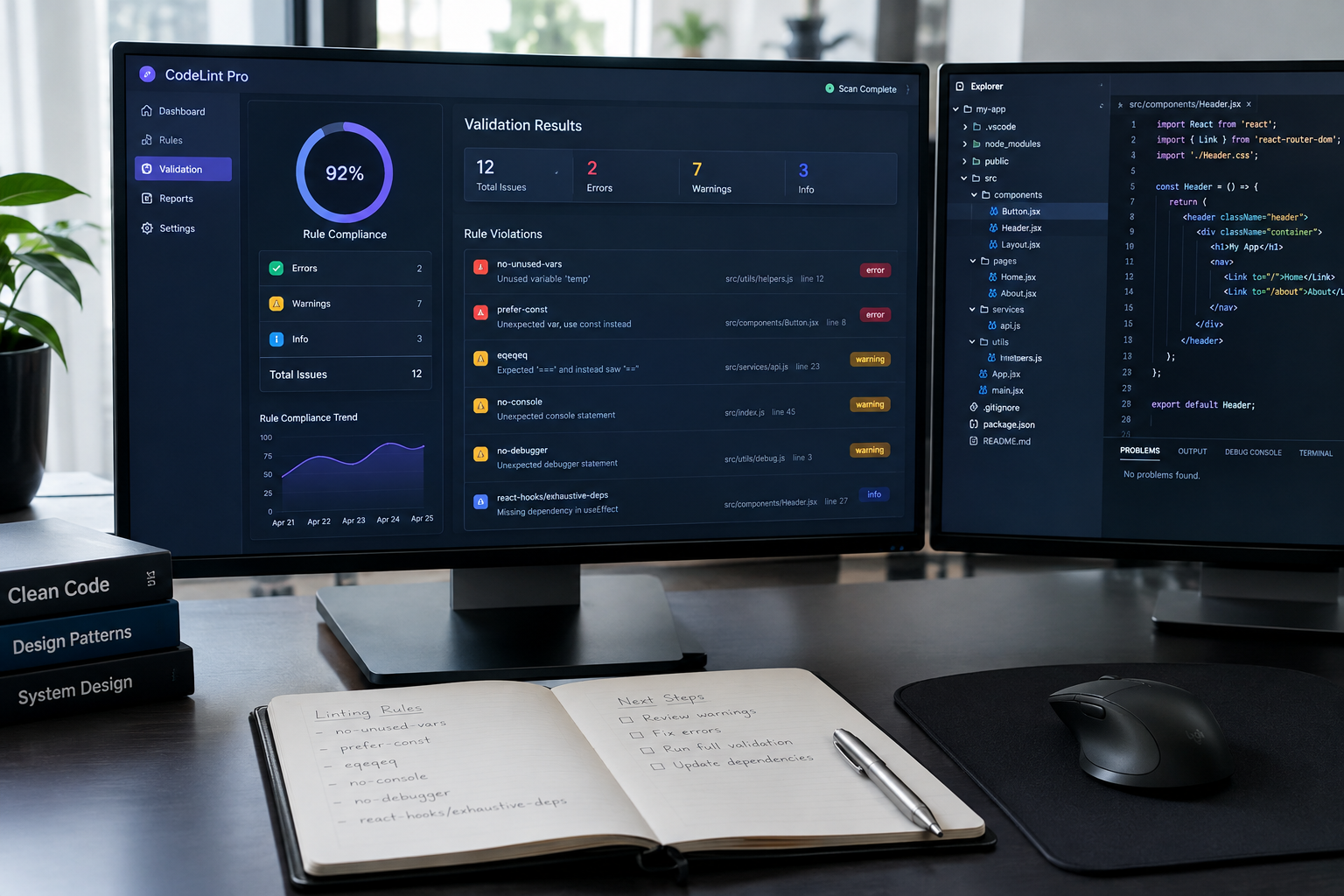 Dual-monitor desk setup displaying programmatic linting configurations and code validation rules.