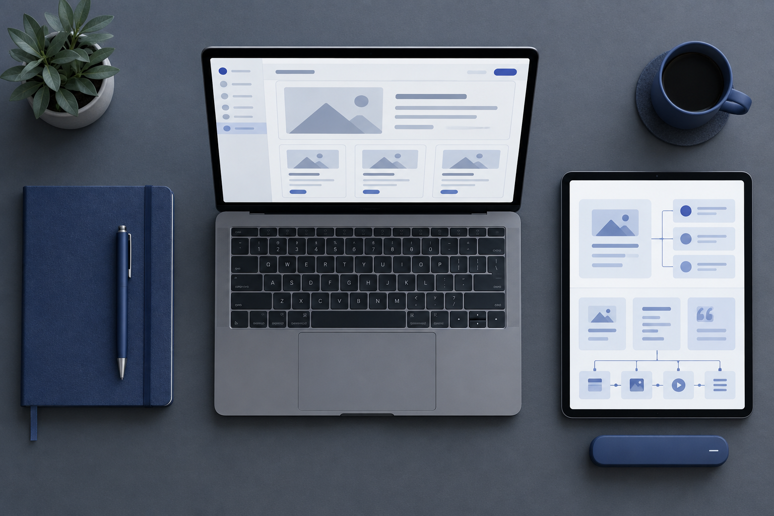 Top-down view of structured content planning tools on a minimalist slate desk