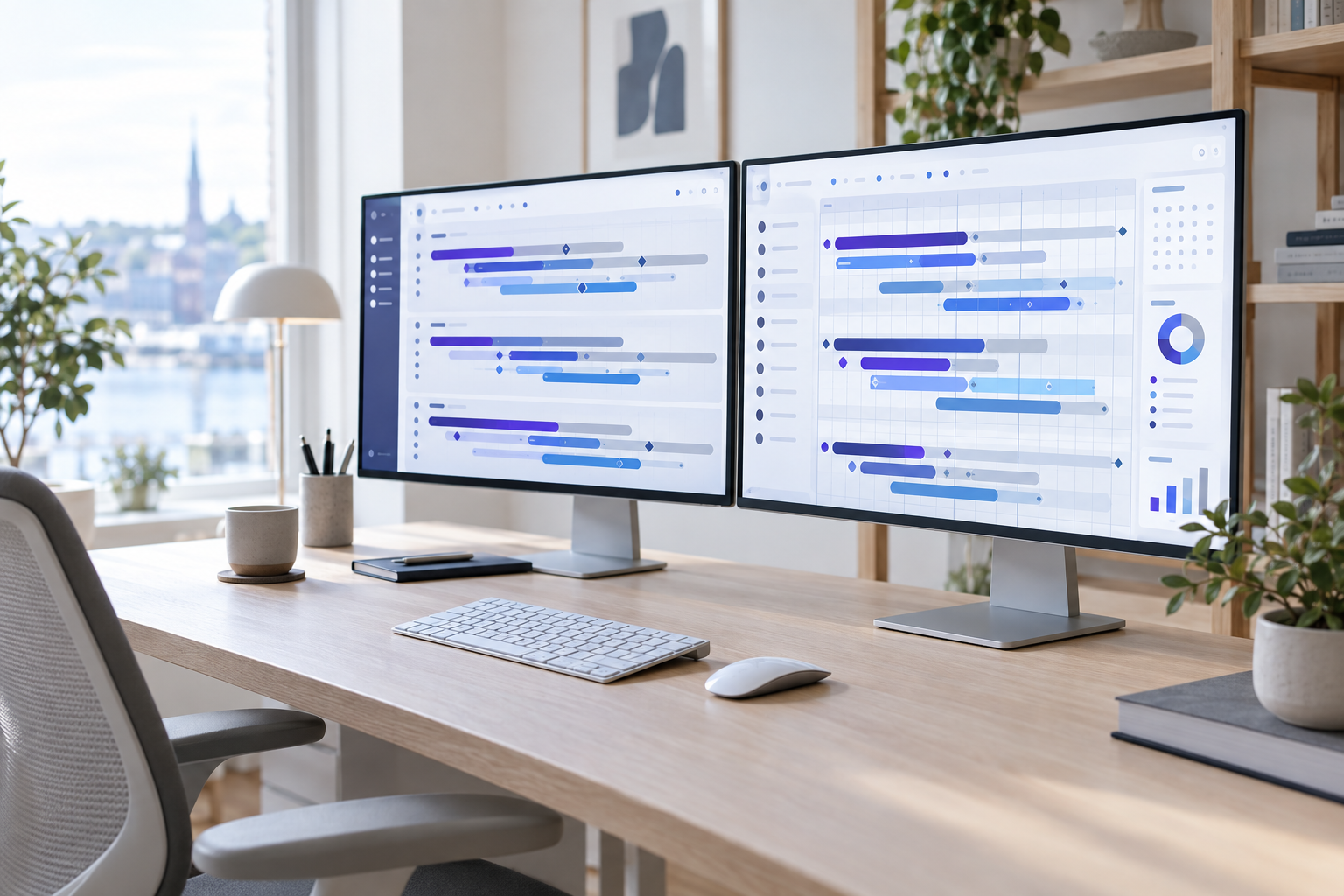 Dual-monitor workstation displaying global publishing timeline and multi-region scheduling interface.