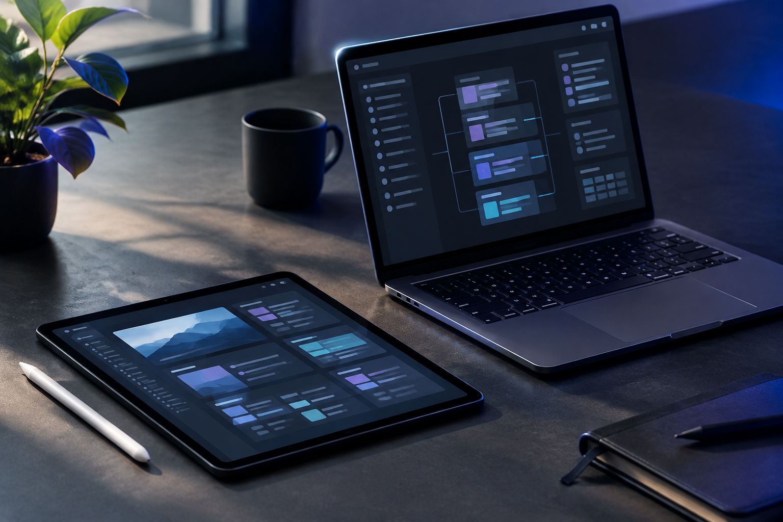 Tablet and laptop displaying modular structured content architecture on a modern desk
