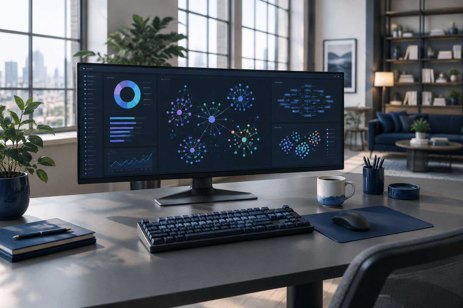 Modern tech workspace with analytics and knowledge architecture display