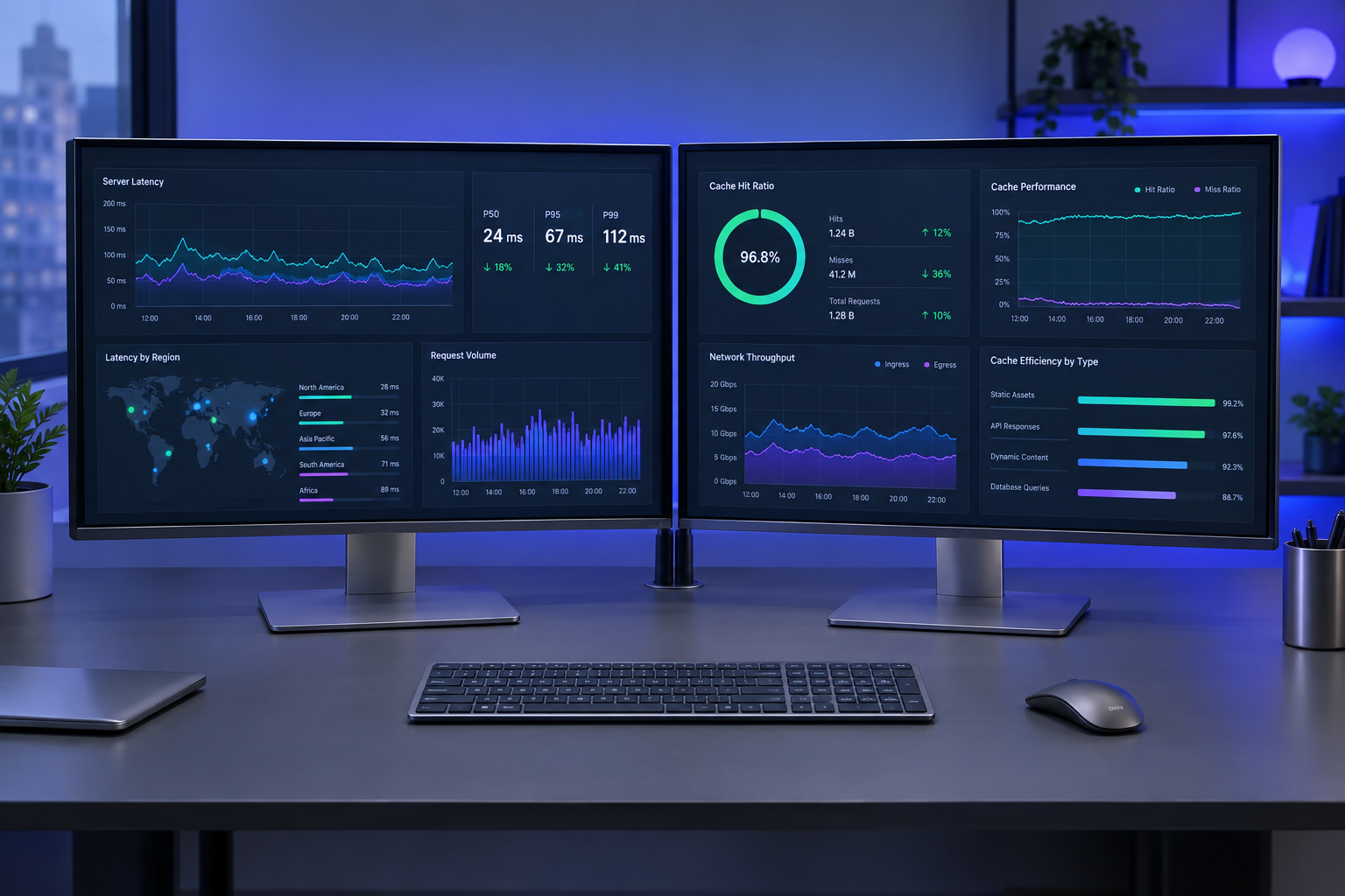 Dual monitor workstation showing network caching telemetry and data transfer performance dashboards