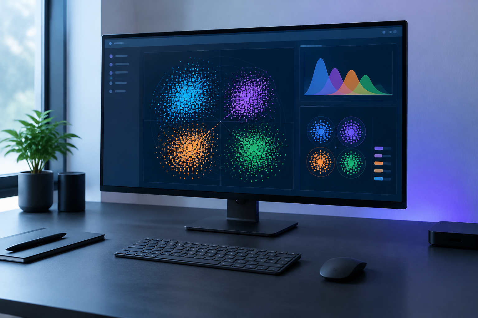 Modern tech workspace with monitor displaying search intent distribution curves