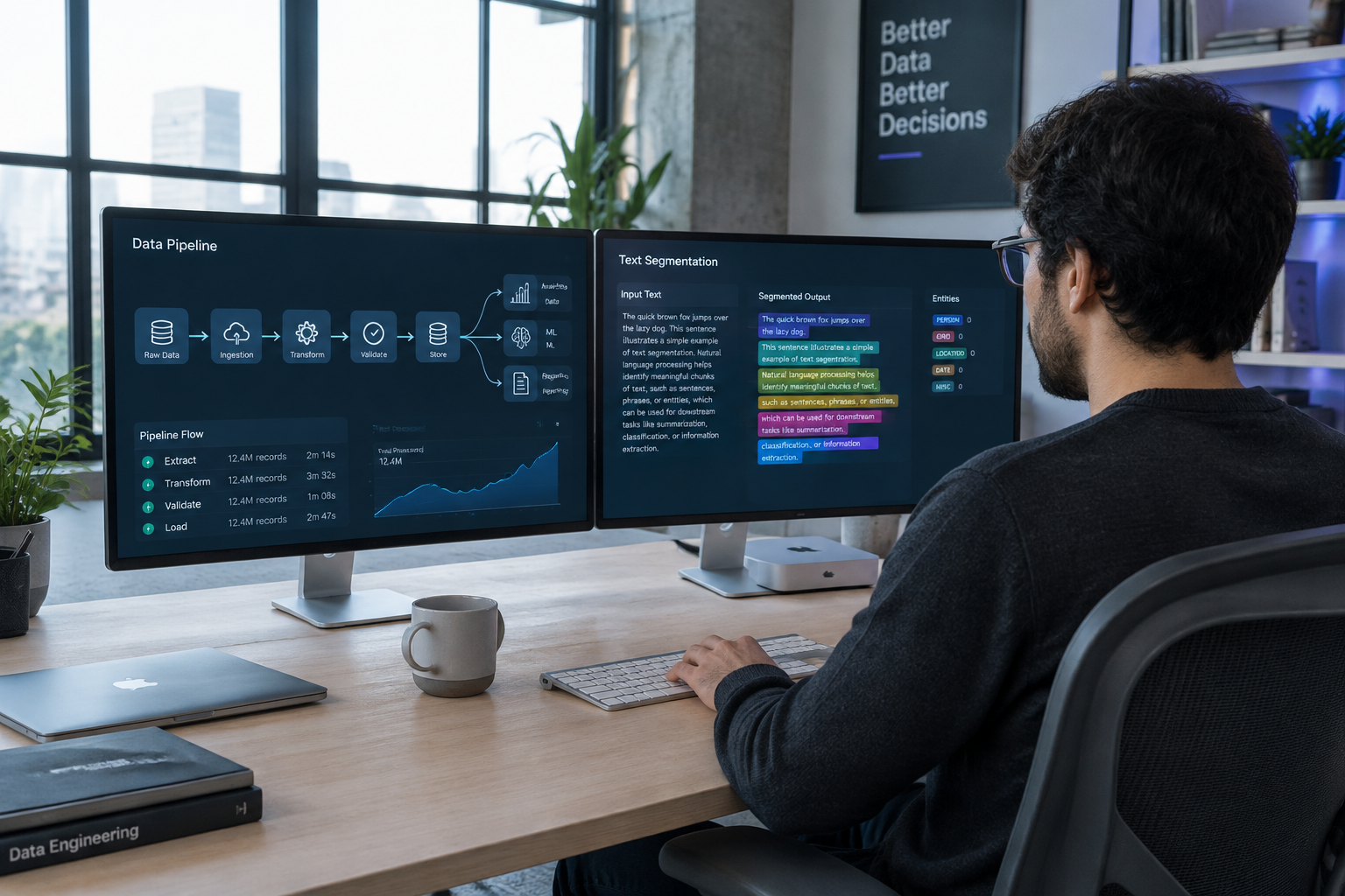 Tech workspace with screens displaying data pipelines and structured text analysis