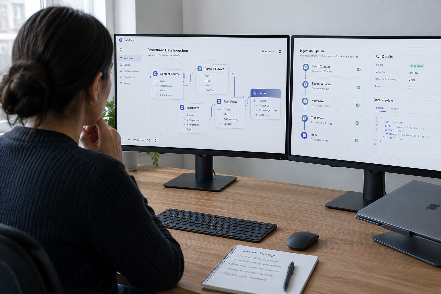 Digital workspace showing content ingestion pipeline and workflow planning