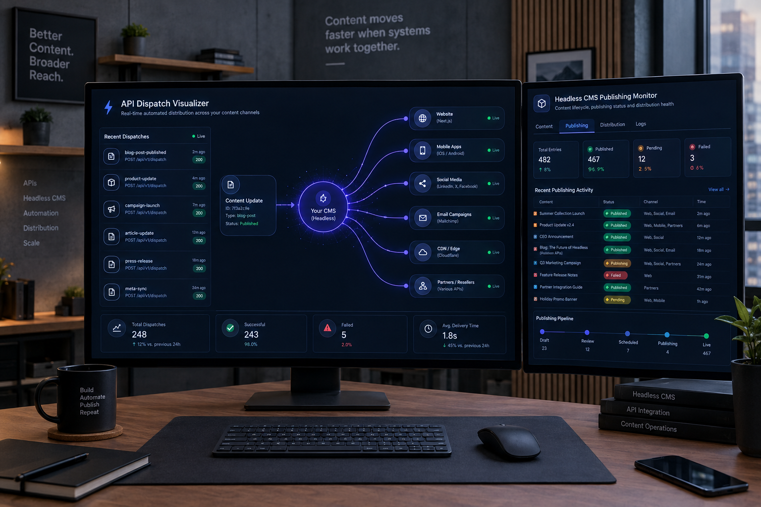 Modern tech setup illustrating automated headless CMS webhook publishing and API dispatch.