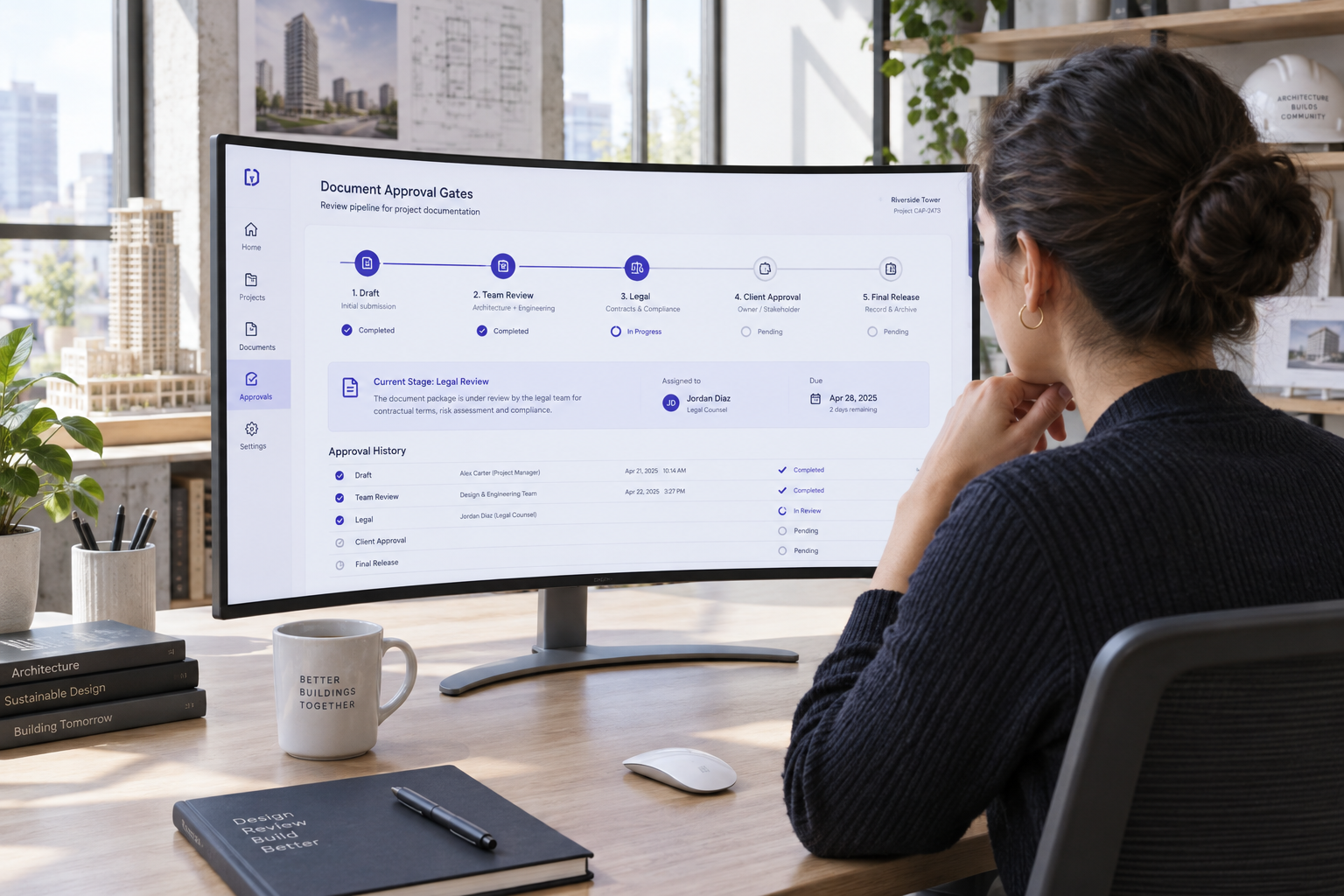 Editorial workspace showing a multi-stage review pipeline and approval gates on a monitor.