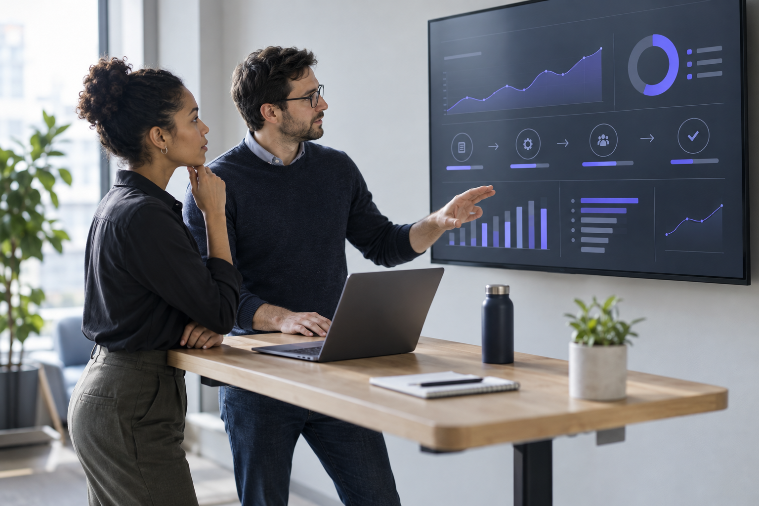 Content operations team reviewing review velocity metrics on a wall display