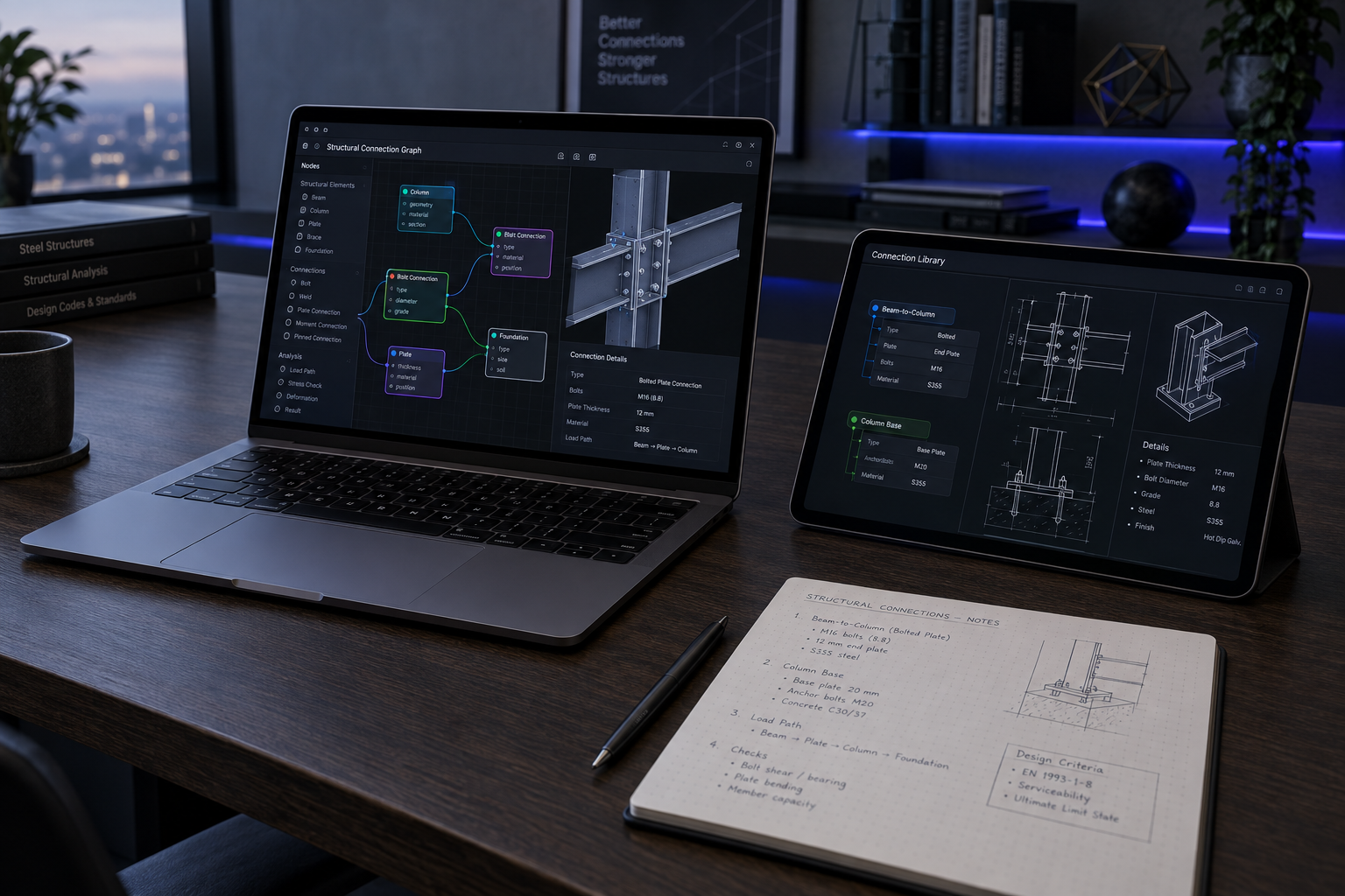 Editorial planning desk setup with tablet and laptop showing structural relationship diagrams.