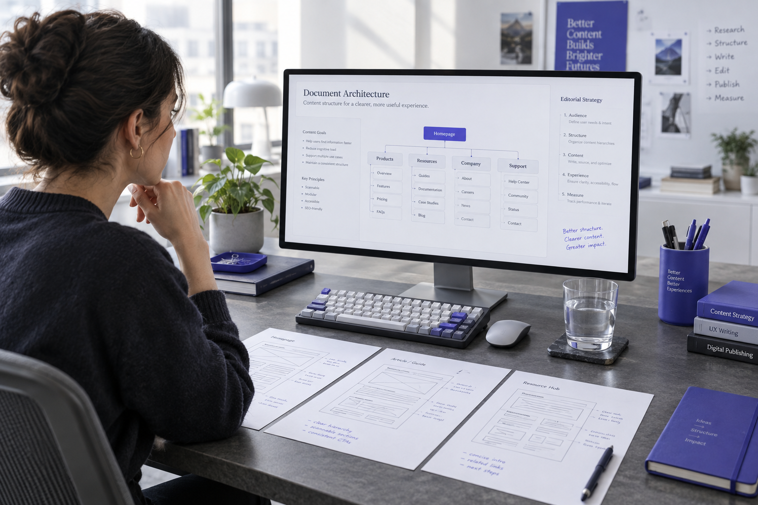 Content editor refining structured document layouts on a desktop screen
