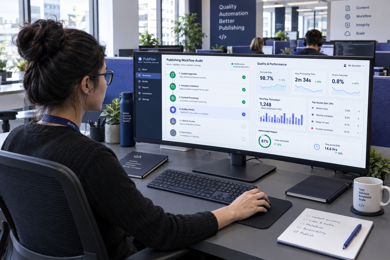 Publishing QA specialist auditing content verification workflows on an ultrawide monitor
