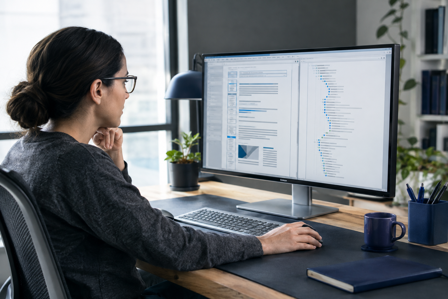 Technical specialist reviewing structured content layouts and document models on a desktop screen