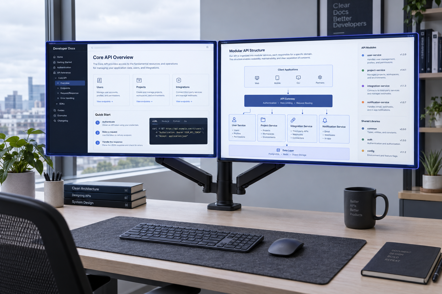 Minimalist dual-monitor workstation displaying open technical documentation and system layouts.