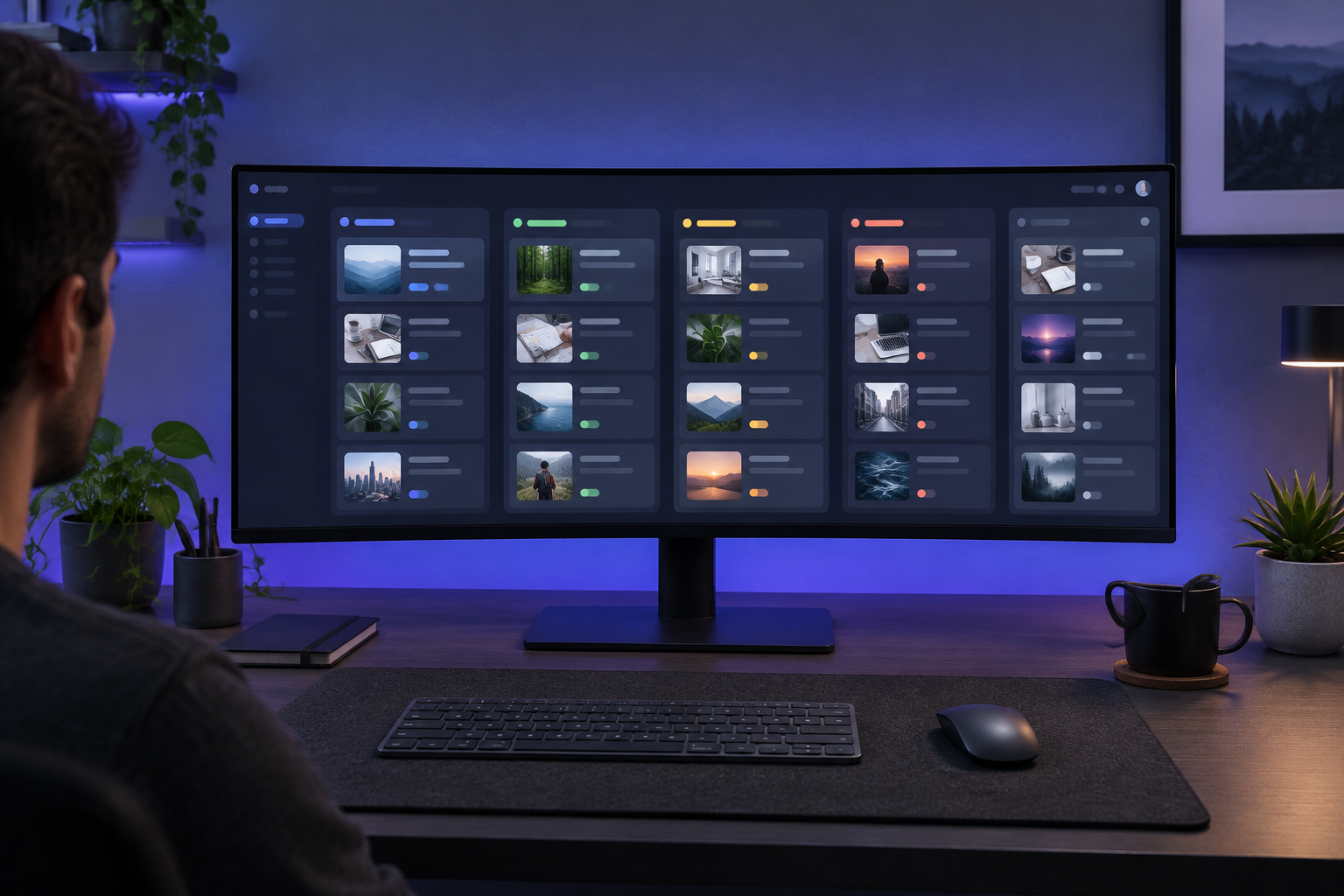 Curated digital workspace showing an editorial content management interface on a wide monitor.