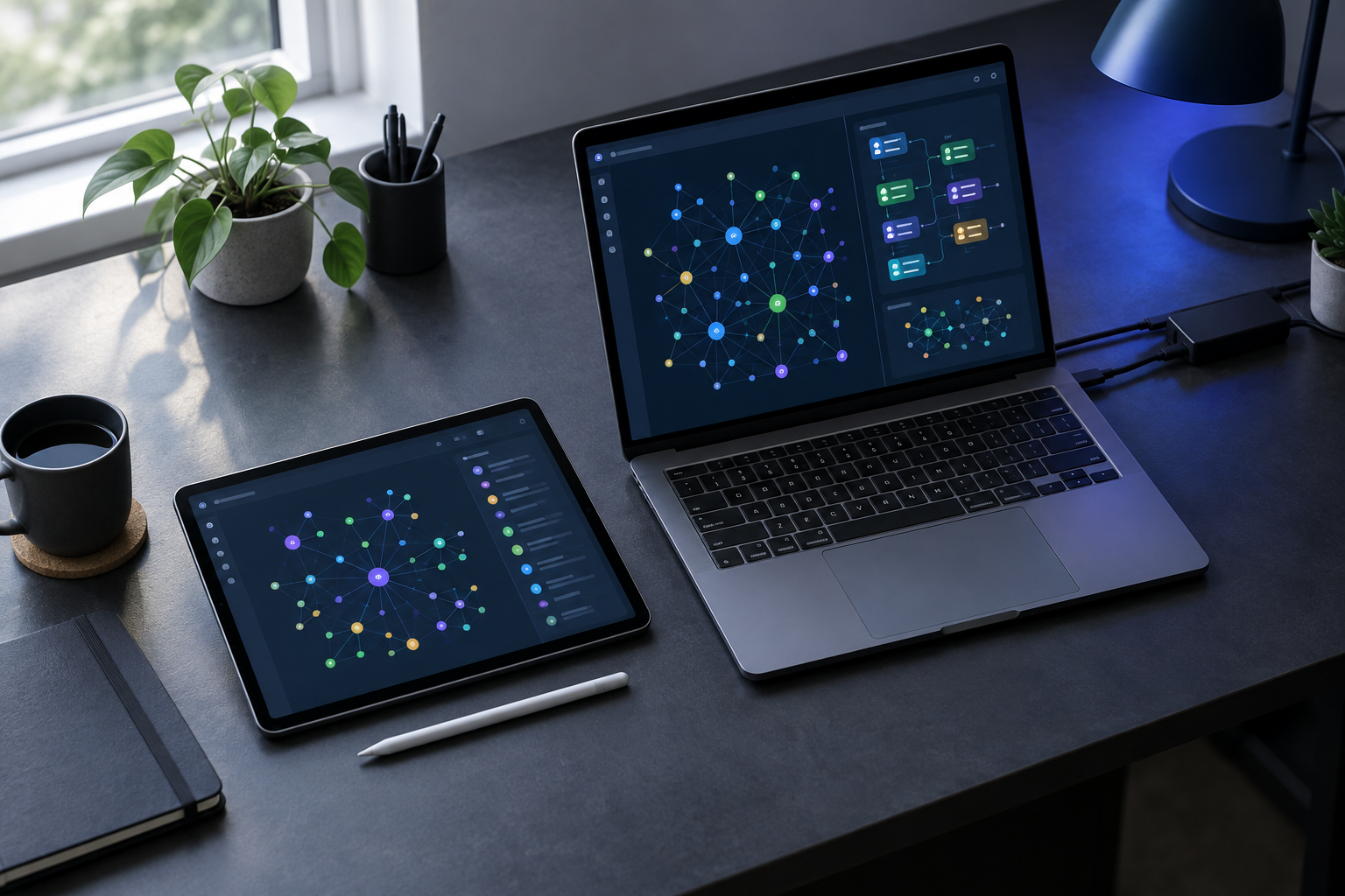 Tablet and laptop on a slate desk displaying abstract entity node diagrams