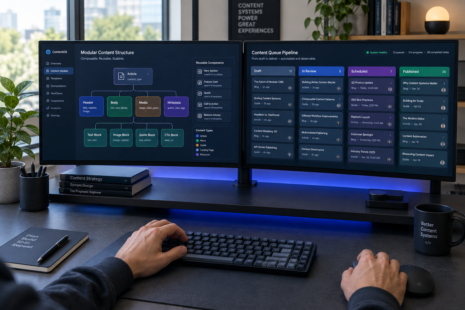 Dual monitor setup displaying modular queue pipelines and digital content management