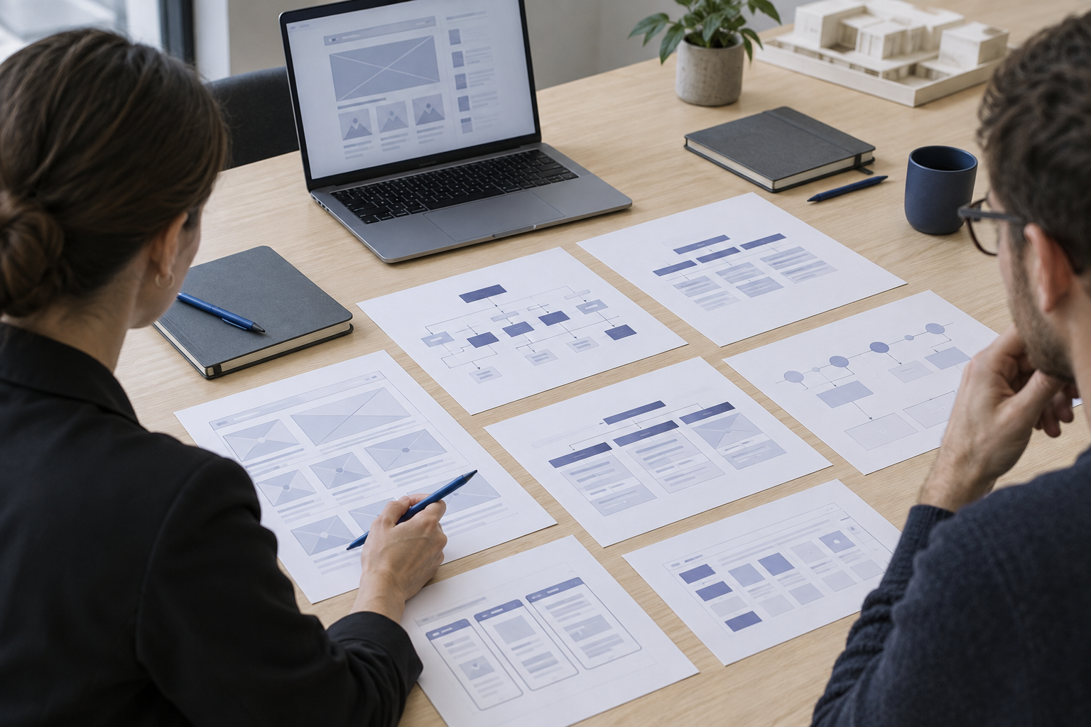 Content team reviewing structured audit documents and workflow layouts during a planning session.