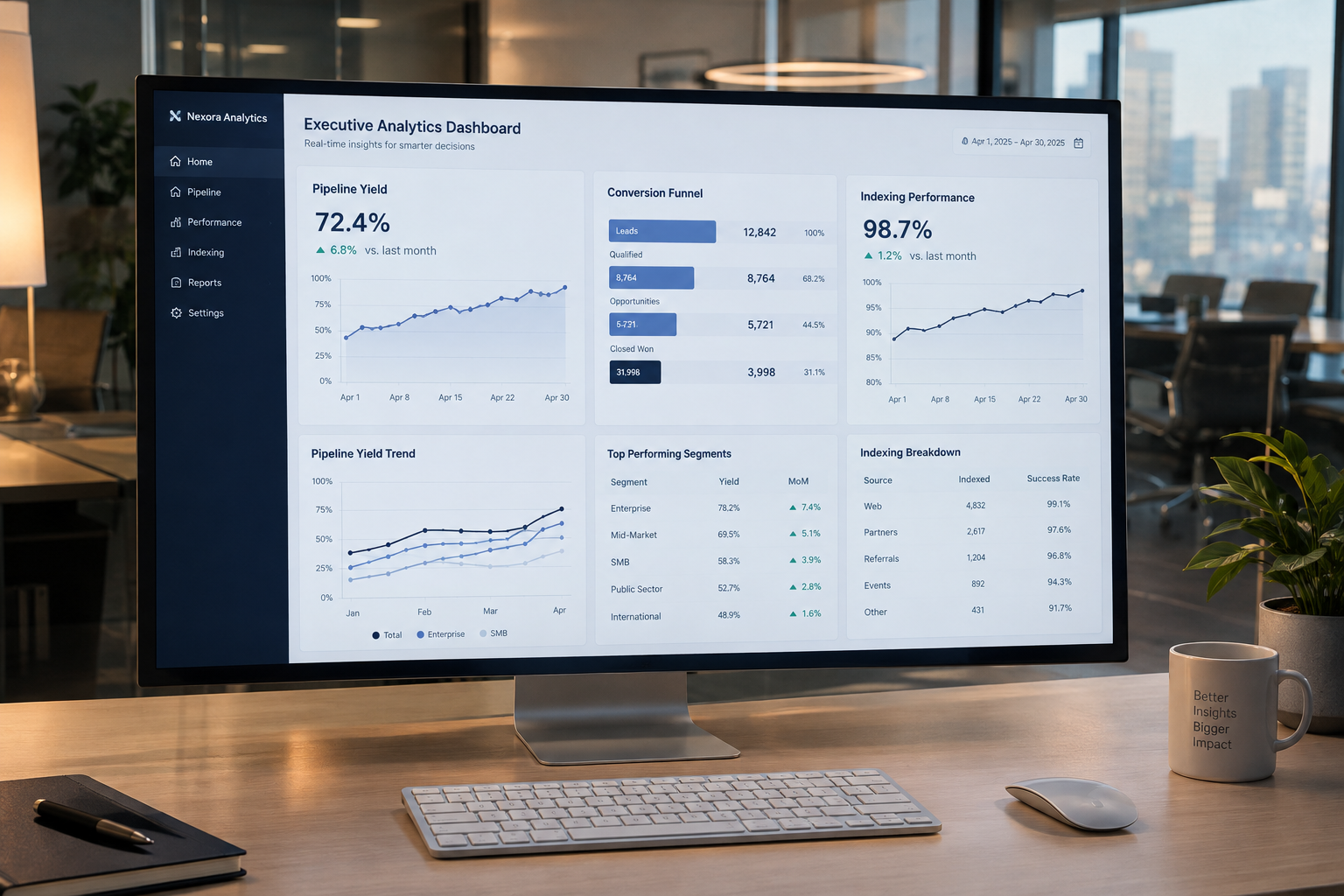 Desktop dashboard displaying content publishing analytics and indexation metrics