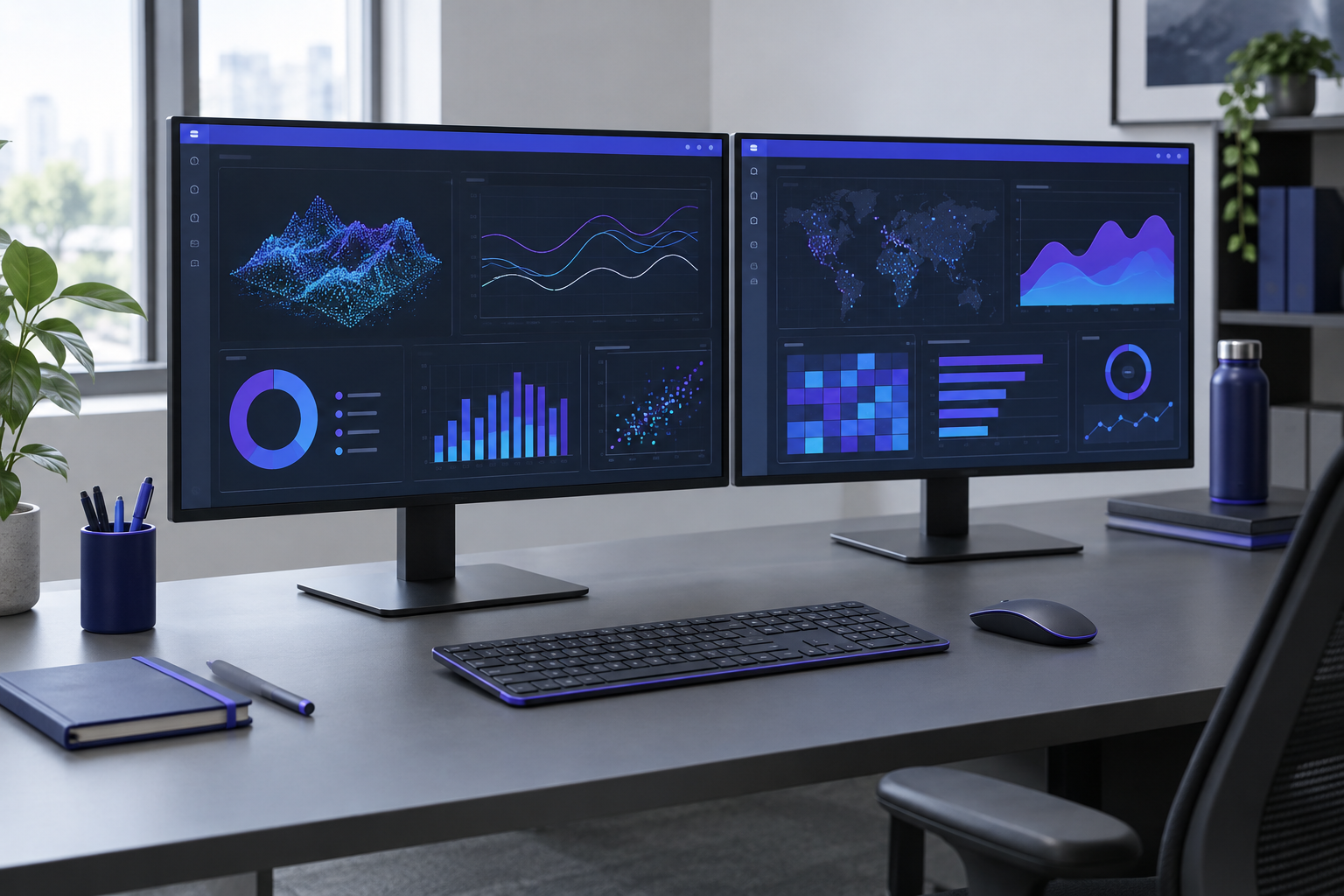 Modern desktop workspace with digital analytics screens monitoring generative search trends.