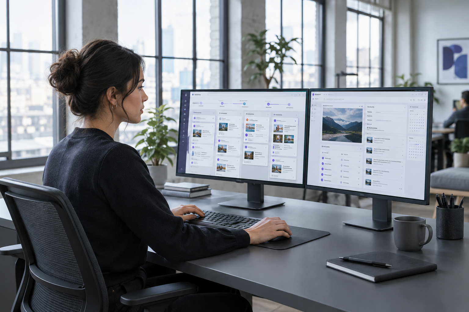 Marketing manager reviewing an editorial approval workflow pipeline on a modern desktop setup
