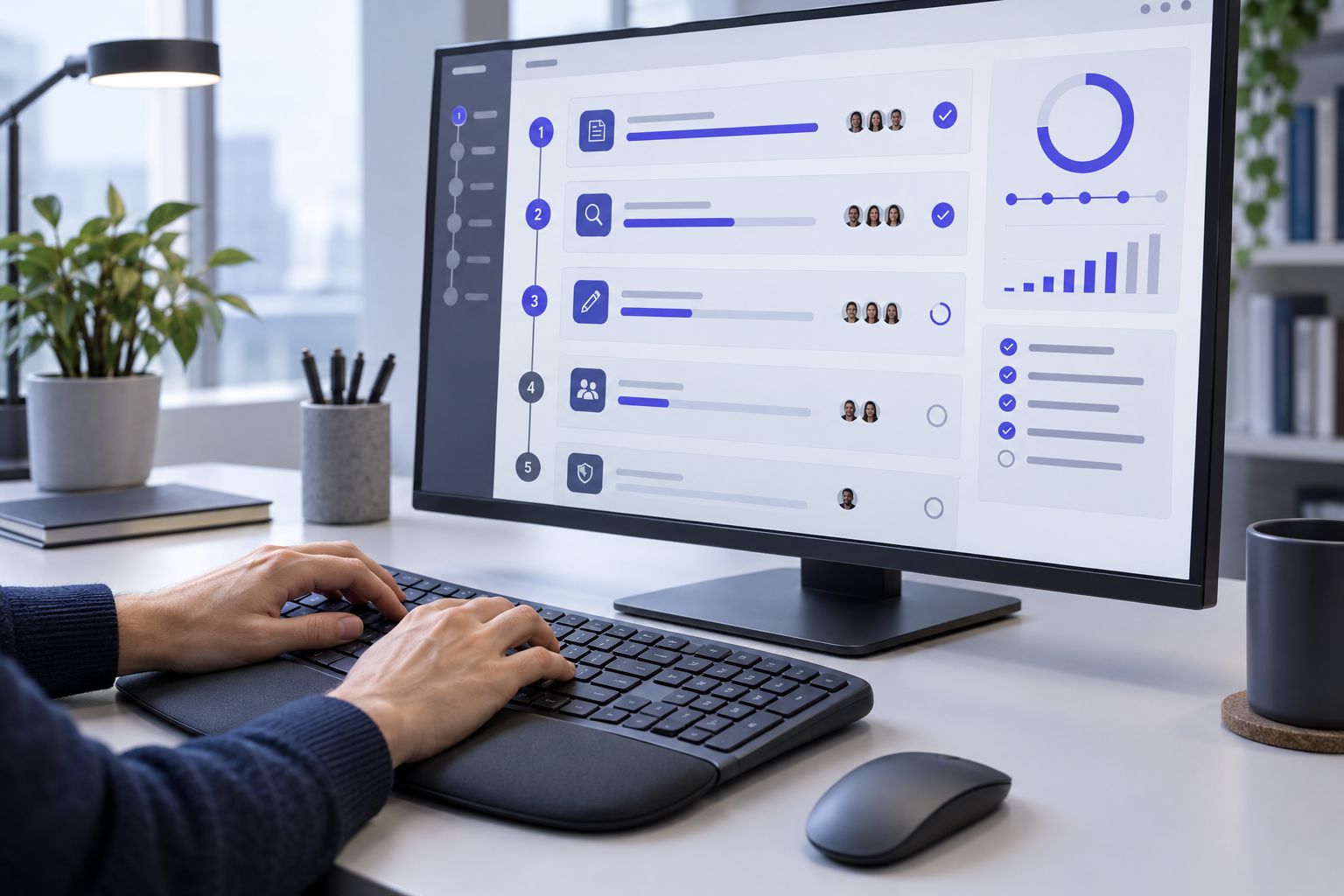 Editorial quality assurance dashboard on a desktop monitor in a modern tech office