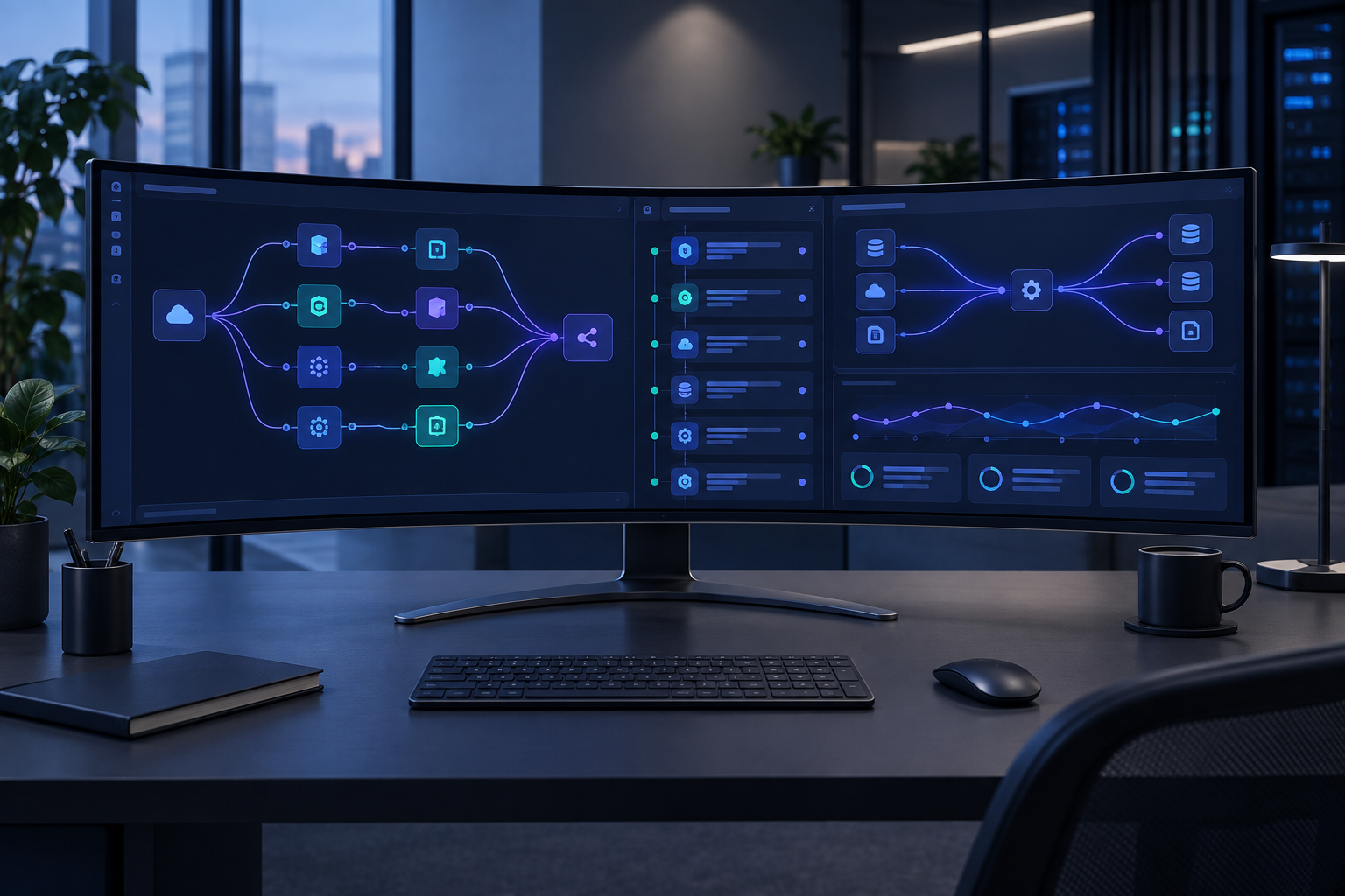 Ultrawide monitor showing automated API webhook pipelines and content distribution workflows.