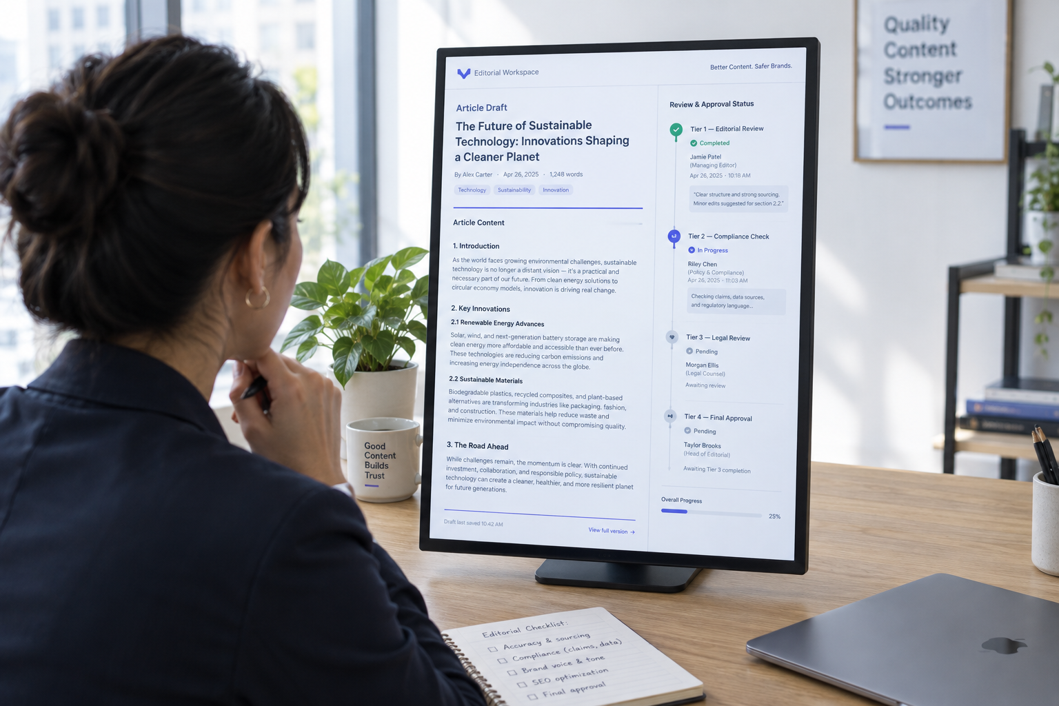 Content editor conducting a tiered compliance review on a vertical monitor in a modern office.