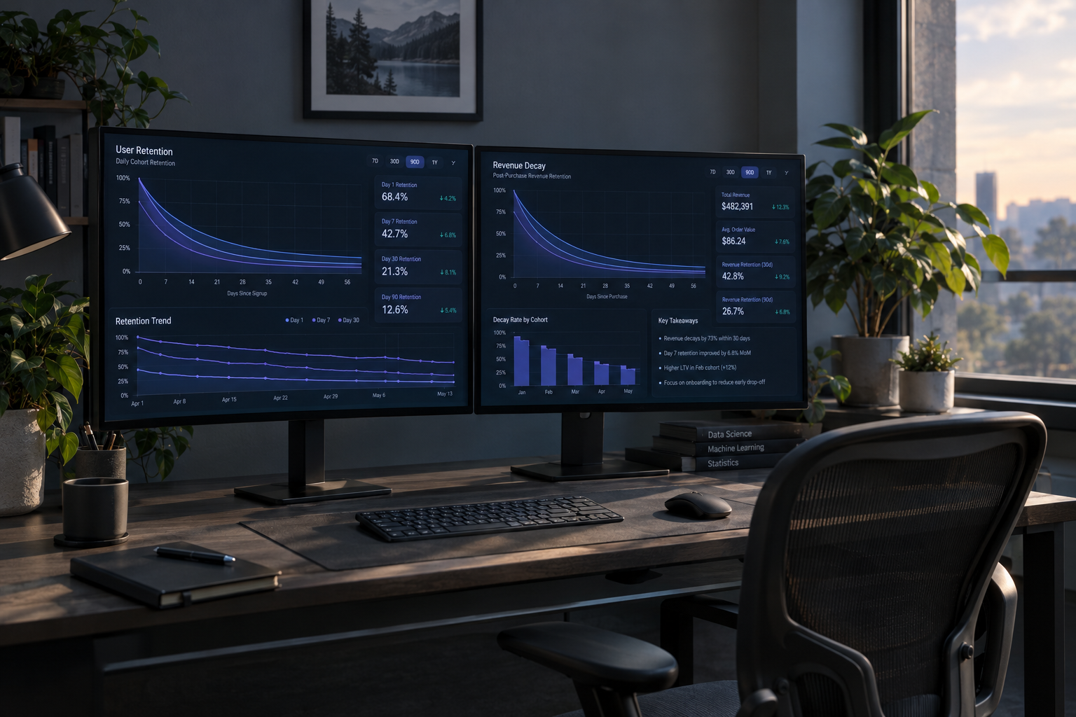 Dual monitor setup displaying digital analytics dashboards and performance trends in an office.