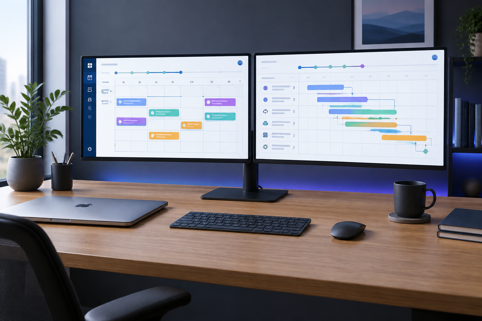 Modern dual-screen workstation displaying scheduled publishing timelines and release queues.