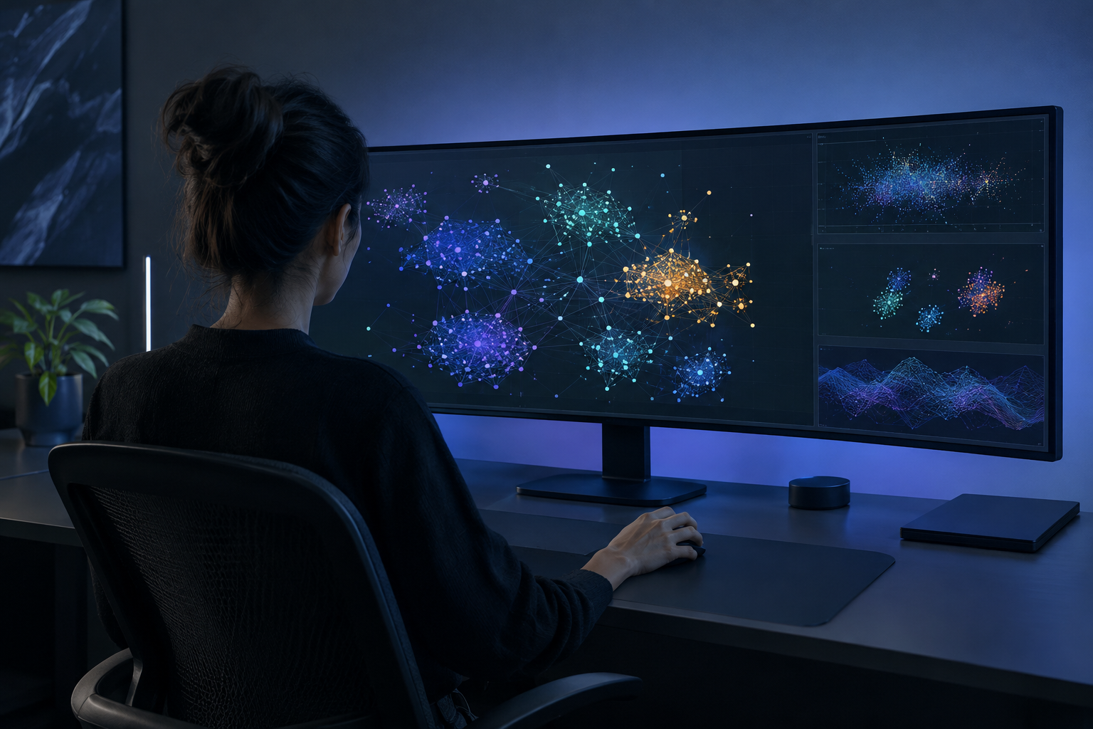 Semantic clustering network displayed on an ultra-wide desktop monitor in a modern office
