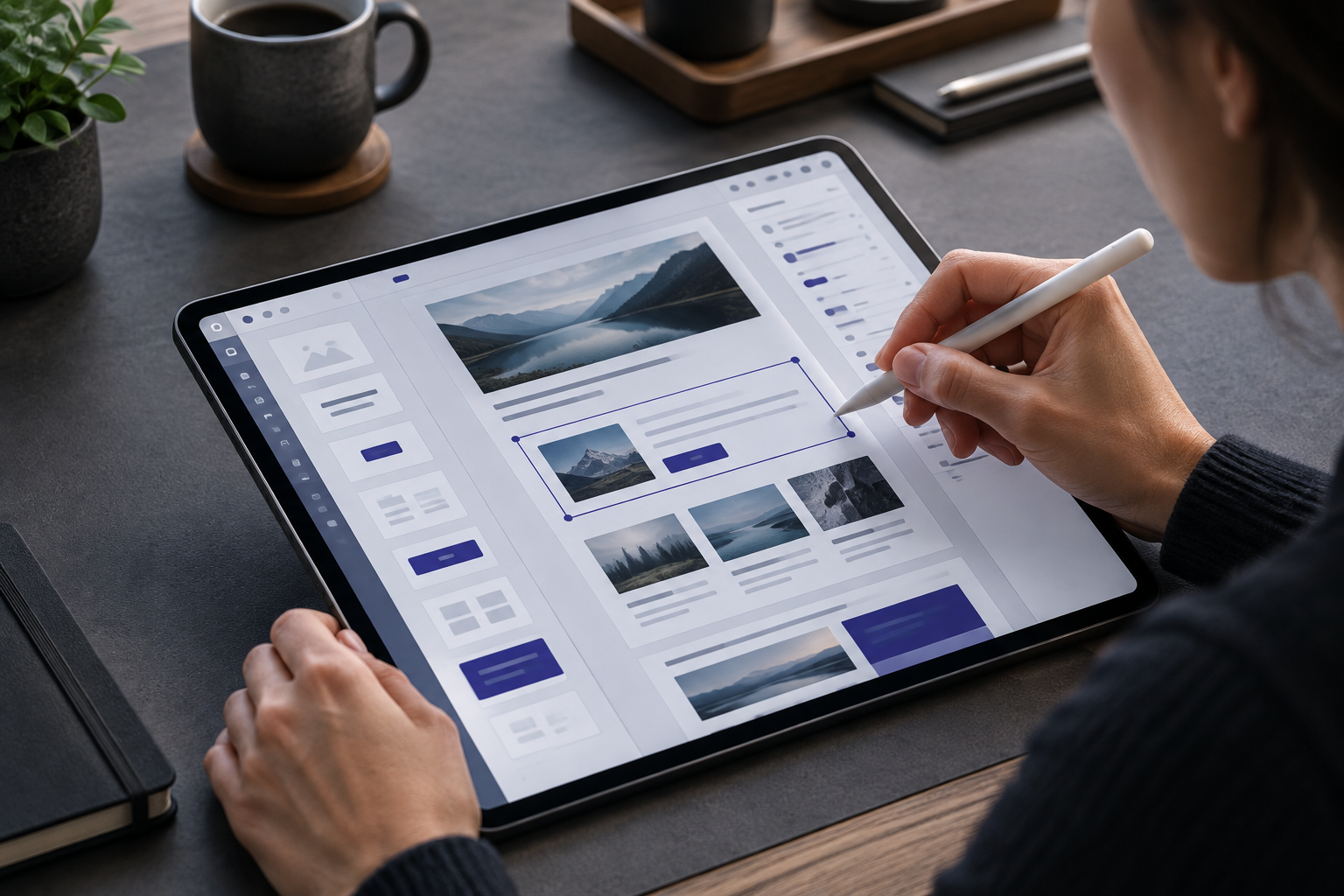 Digital editor organizing modular content blocks on a graphics tablet.