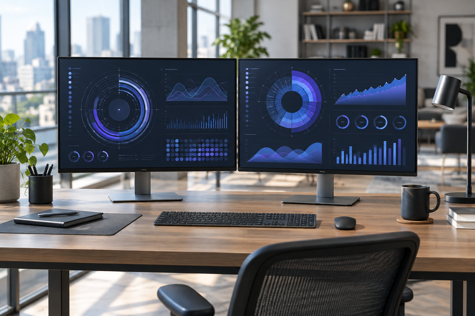 Modern workstation showing abstract data visualization monitors